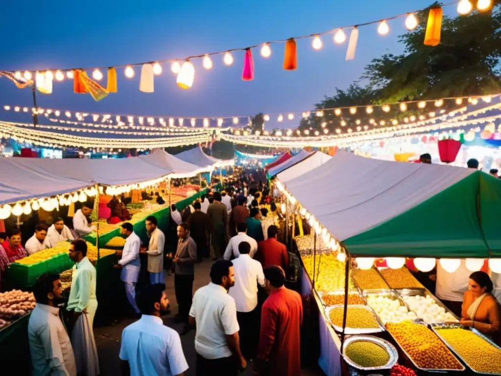 Mercado nocturno animado de Shabe Barat en Pakistán, con luces vibrantes y gente comprando dulces y decoraciones