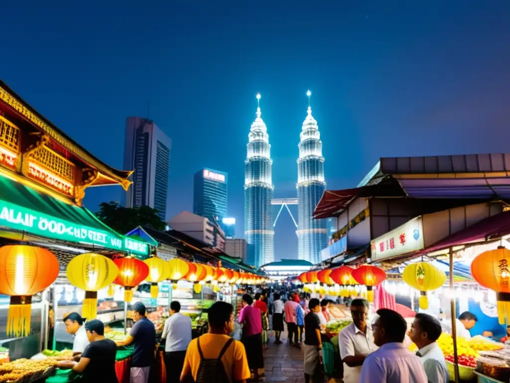 Un mercado nocturno bullicioso en Kuala Lumpur, Malasia, iluminado por linternas y letreros de neón