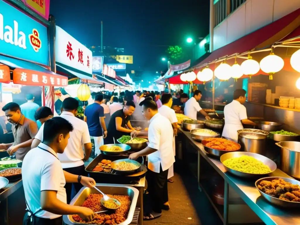 Mercado nocturno bullicioso en Kuala Lumpur, Malasia, con puestos coloridos ofreciendo delicias halal