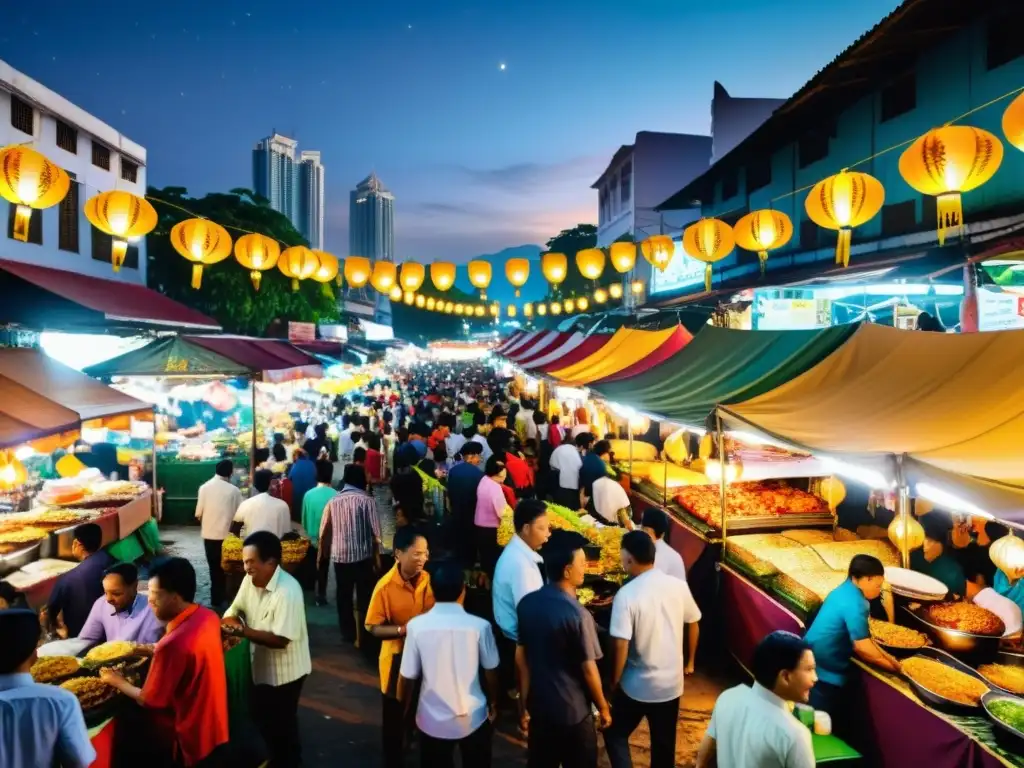 Un mercado nocturno bullicioso en Kuala Lumpur con puestos de comida halal, luces brillantes y una atmósfera vibrante