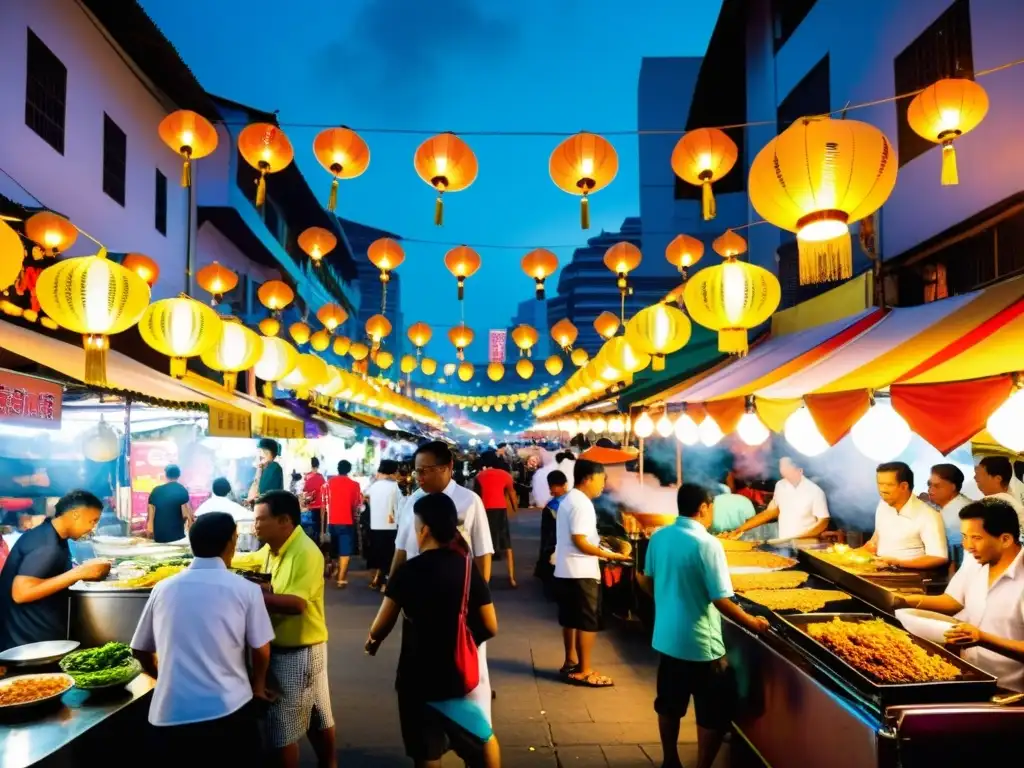 Un mercado nocturno bullicioso en Kuala Lumpur, Malasia, ofrece una variedad de comida callejera halal