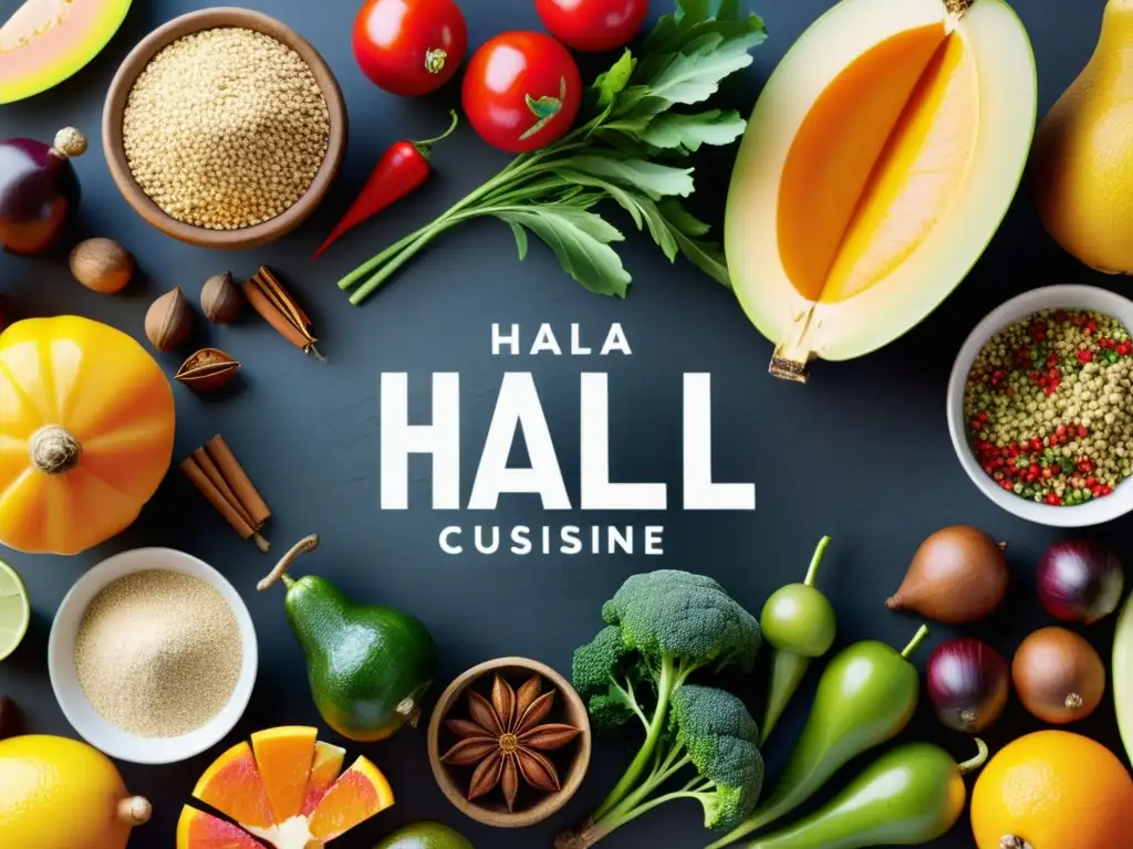 Un mercado online bullicioso con una variedad de frutas, verduras, especias y carnes halal