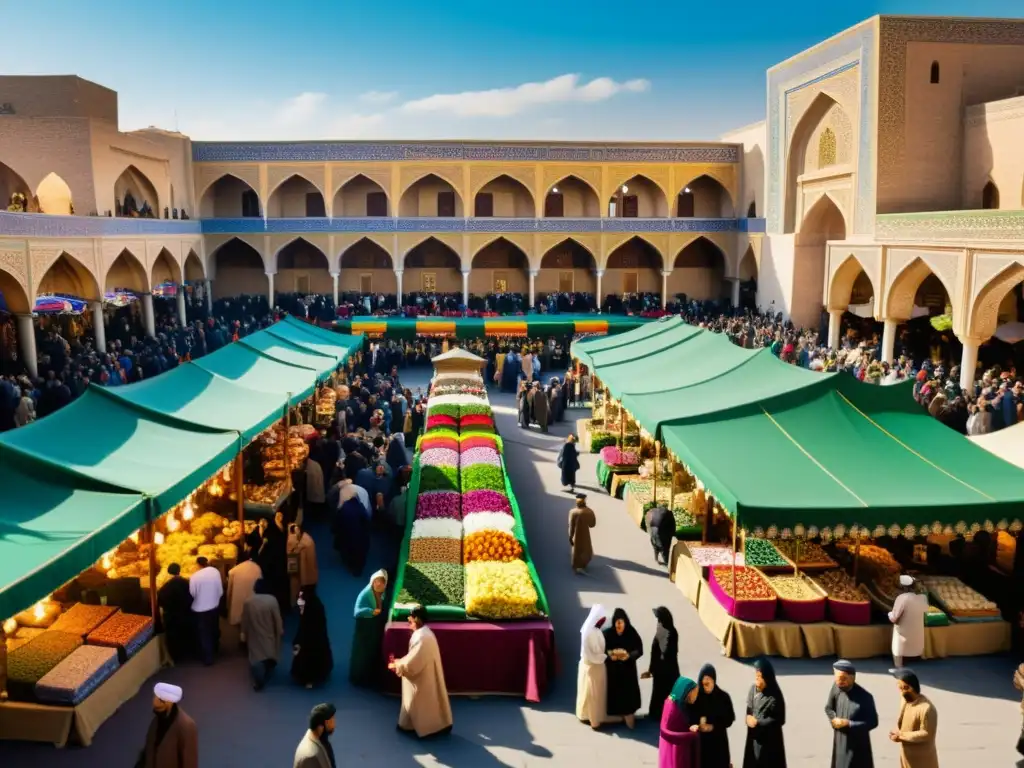 Un mercado persa bullicioso durante la celebración de Nowruz, con colores vibrantes y la fusión de tradiciones Nowruz e Islam