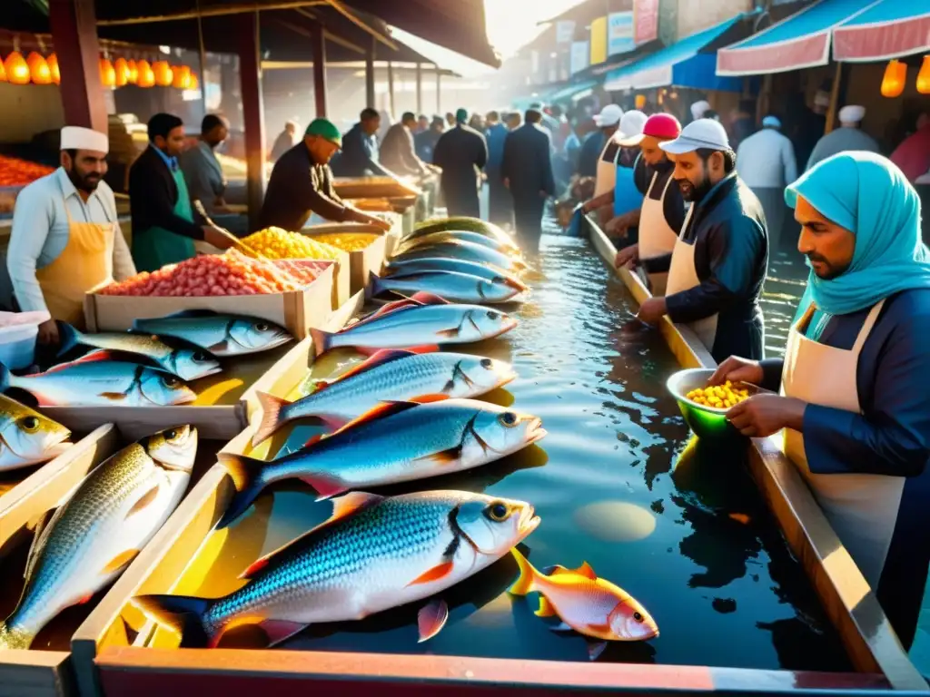 Un mercado de pescados vibrante y lleno de actividad, con vendedores, clientes y una mezcla de colores, en un entorno arquitectónico islámico