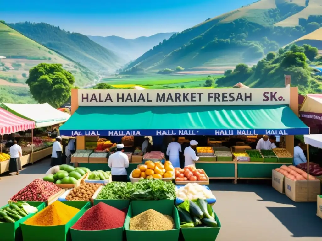 Mercado halal con productos frescos, especias coloridas y carnes variadas