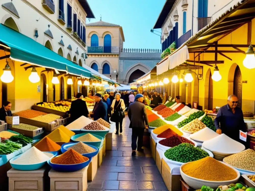 Un mercado siciliano bullicioso con colores vibrantes y actividad animada, reflejando la fusión cultural del legado moro en Sicilia