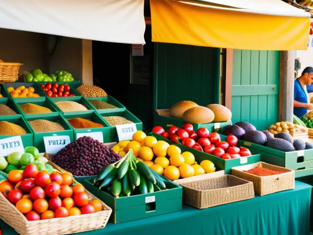 Un mercado siciliano bullicioso, con productos frescos, especias coloridas y comida callejera tradicional