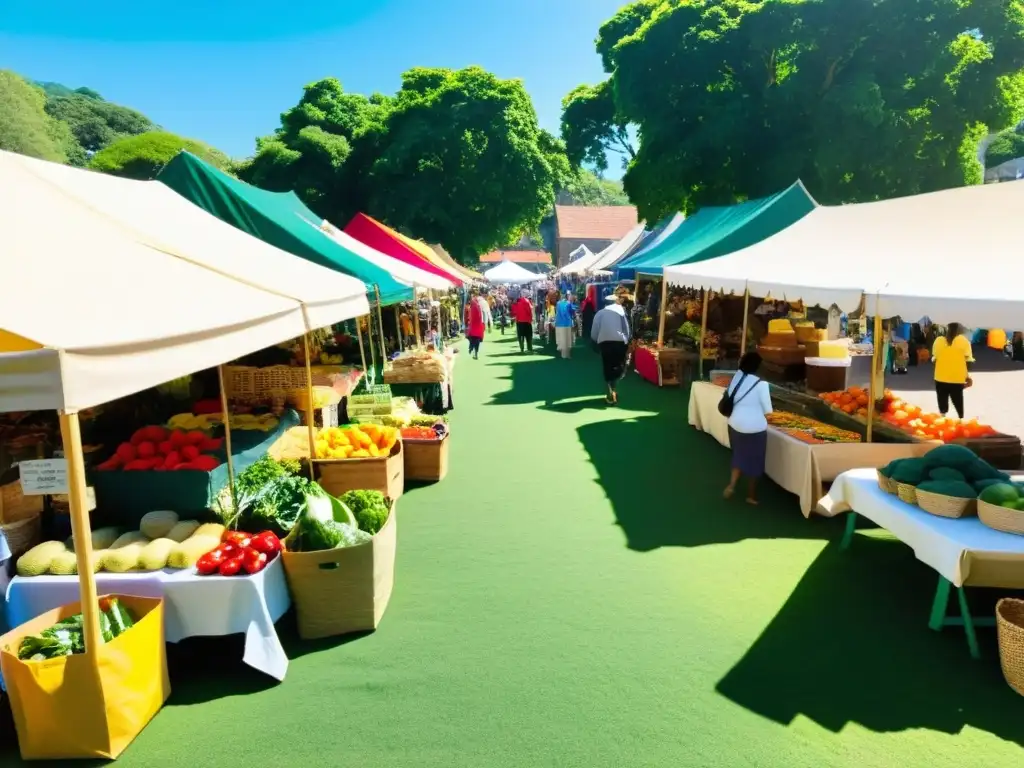 Un mercado sostenible de Eid al Adha con productos ecológicos y coloridos puestos, en armonía con la naturaleza