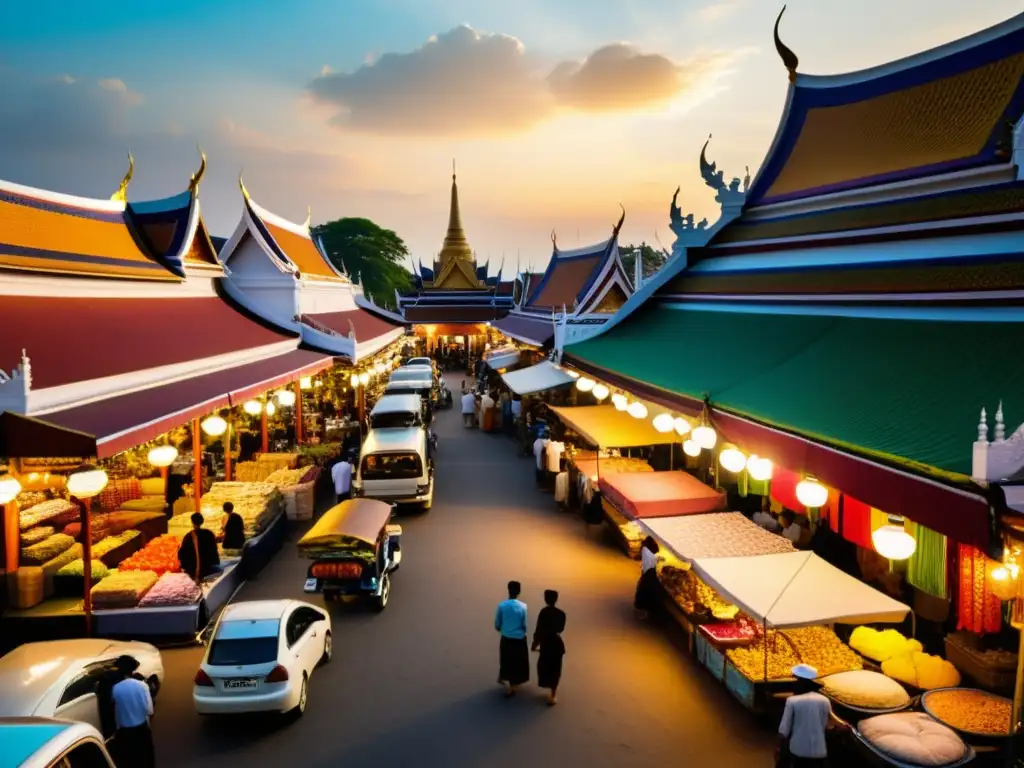 Mercado tailandés con influencia islámica: colores vibrantes, arquitectura tradicional, minorías musulmanas, cultura islámica en Tailandia