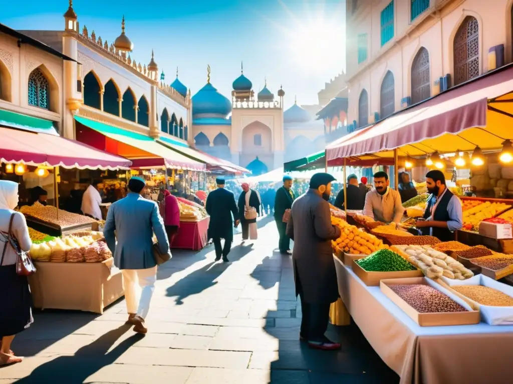 Mercado Halal con tendencias vibrantes de alimentos en una ciudad dinámica y colorida