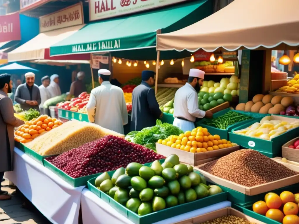 Un mercado tradicional bullicioso lleno de frutas, verduras y carnes halal, con vendedores y clientes en transacciones animadas bajo el cálido sol