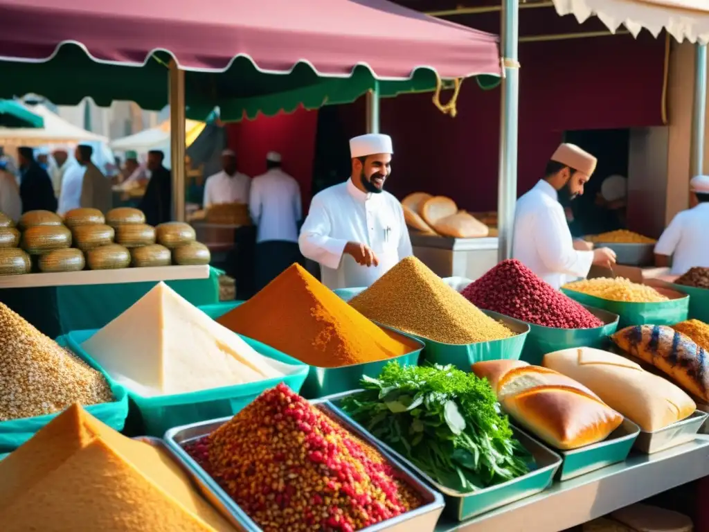 Mercado tradicional en la Península Arábiga, con coloridos puestos de comida halal