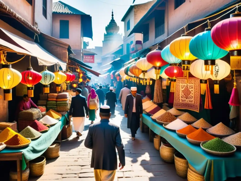 Mercado tradicional del Islam: laberinto de callejones, mercaderes exhiben sus productos, ambiente vibrante con aromas y colores exóticos