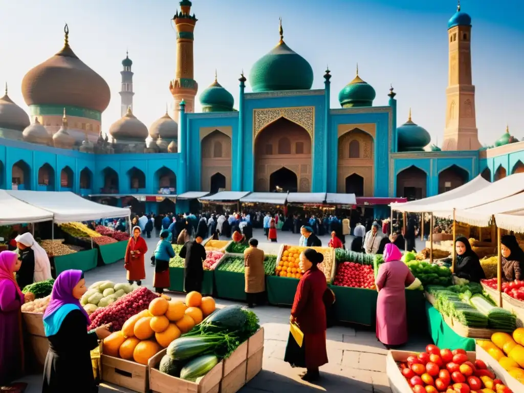 Mercado Uigur en Xinjiang, China, lleno de colores vibrantes y arquitectura islámica