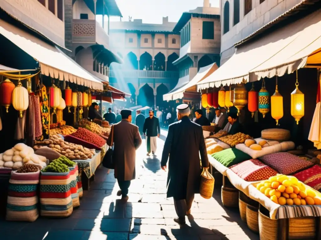 Mercado vibrante en la antigua Damasco, reflejando el Califato sin precedentes en la historia islámica: comercio, cultura y arquitectura