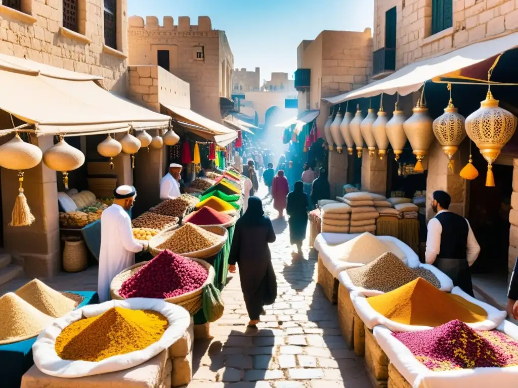 Un mercado vibrante y bullicioso en una ciudad histórica del Medio Oriente, con colores, aromas y tradiciones de la geografía islámica