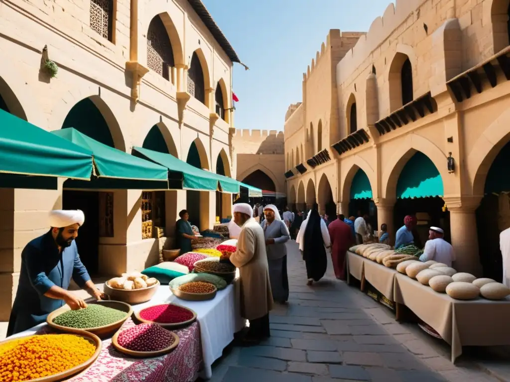 Un mercado vibrante y bullicioso en una ciudad histórica del Medio Oriente con arcos intrincadamente diseñados y textiles coloridos