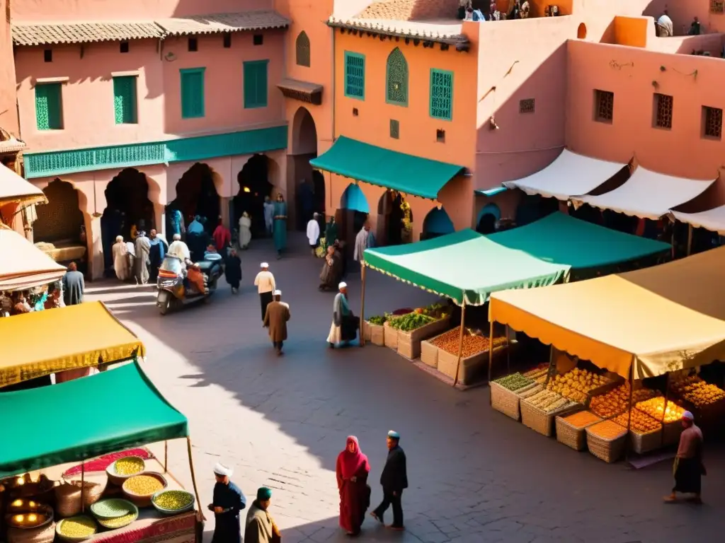 Un mercado vibrante y bullicioso en Marrakech, Marruecos, con toldos coloridos, azulejos intrincados y personas en ropa tradicional