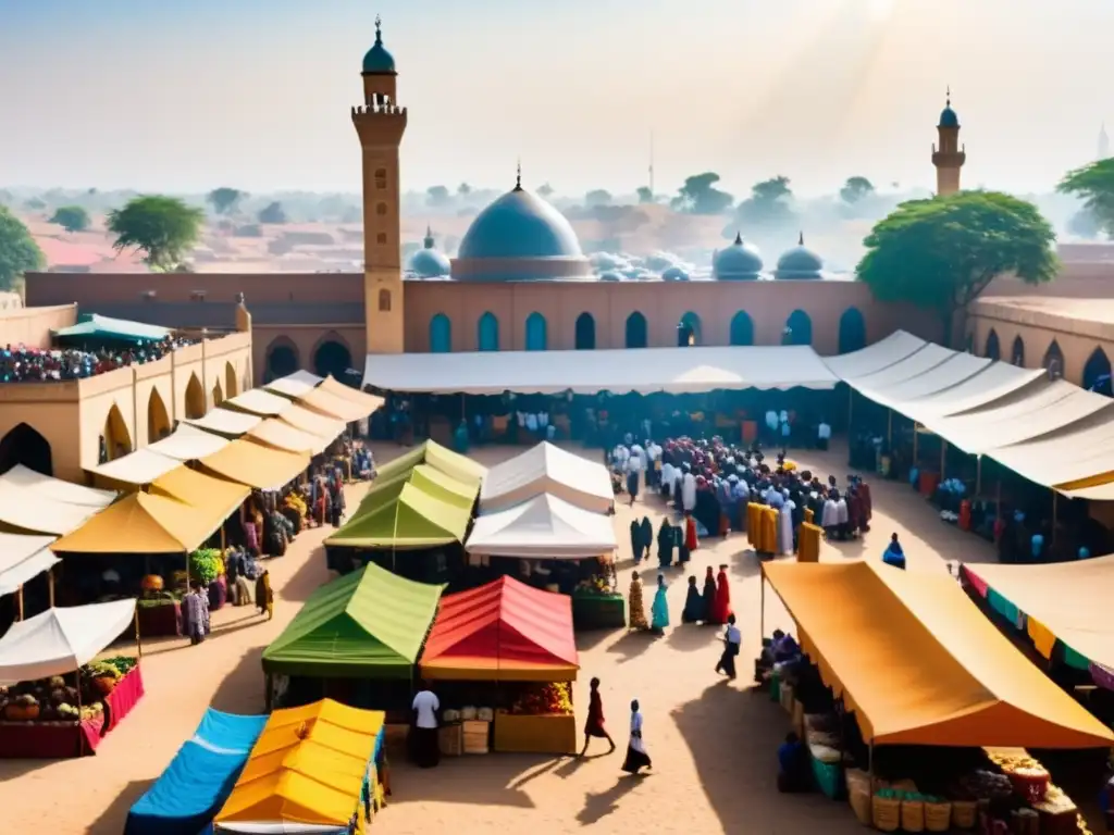 Mercado vibrante en ciudad africana, con diversidad religiosa