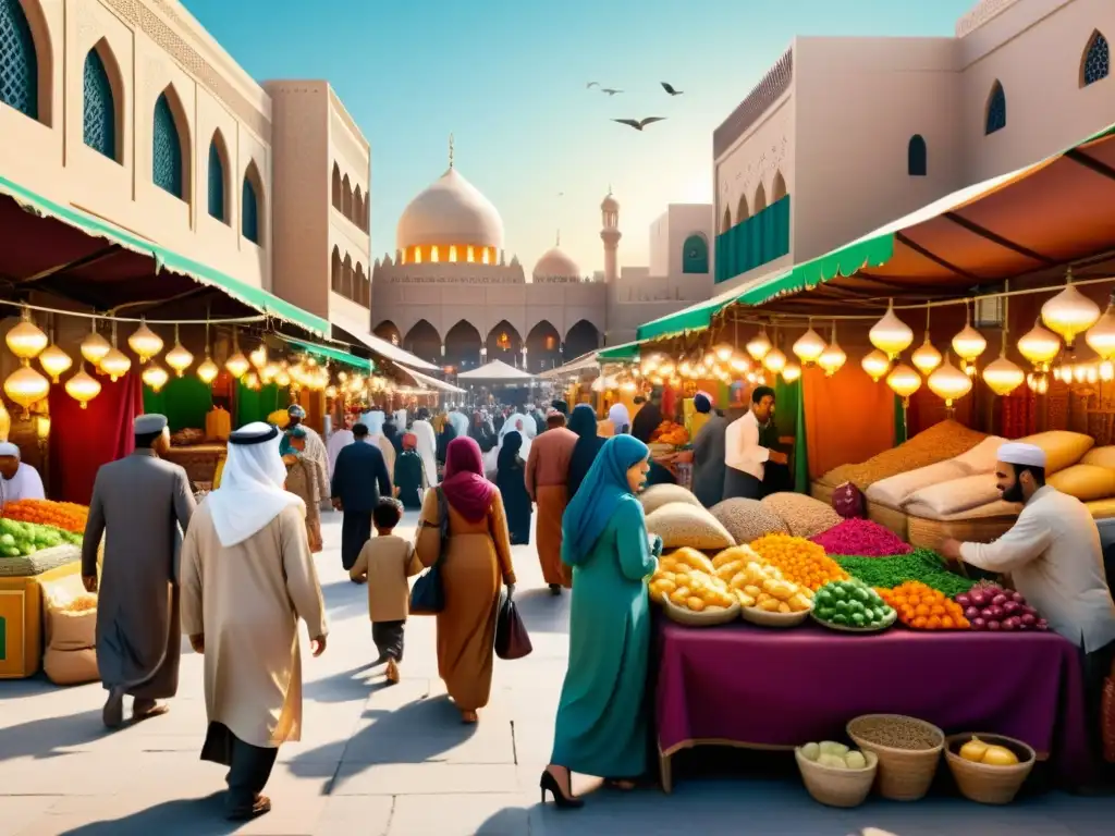 Mercado vibrante en la ciudad del Medio Oriente, con cuentacuentos cautivando a niños y diversidad cultural