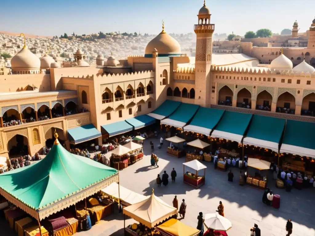 Un mercado vibrante en una ciudad histórica islámica, con diversidad cultural en fronteras islámicas