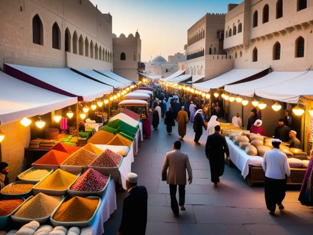 Un mercado vibrante en una ciudad histórica del Medio Oriente, con textiles y especias coloridos en exhibición, arquitectura intrincada y una cálida luz dorada del sol poniente