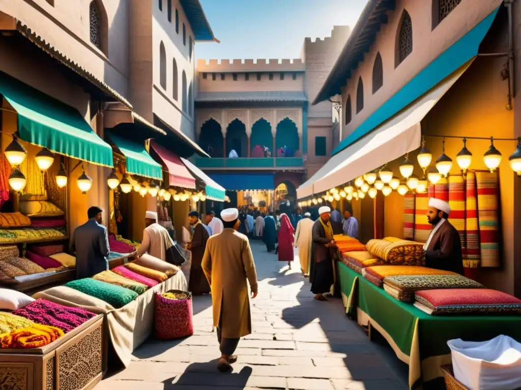 Mercado vibrante en una ciudad islámica, con coloridos textiles y mercancías exhibidas frente a una arquitectura ornamentada