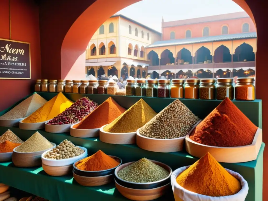 Un mercado vibrante de especias en Europa, evocando la cocina islámica con sus colores, aromas y atmósfera de intercambio cultural