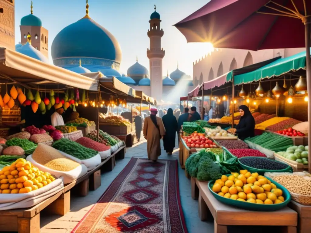 Un mercado vibrante del Medio Oriente con frutas, verduras y especias, bañado por el sol