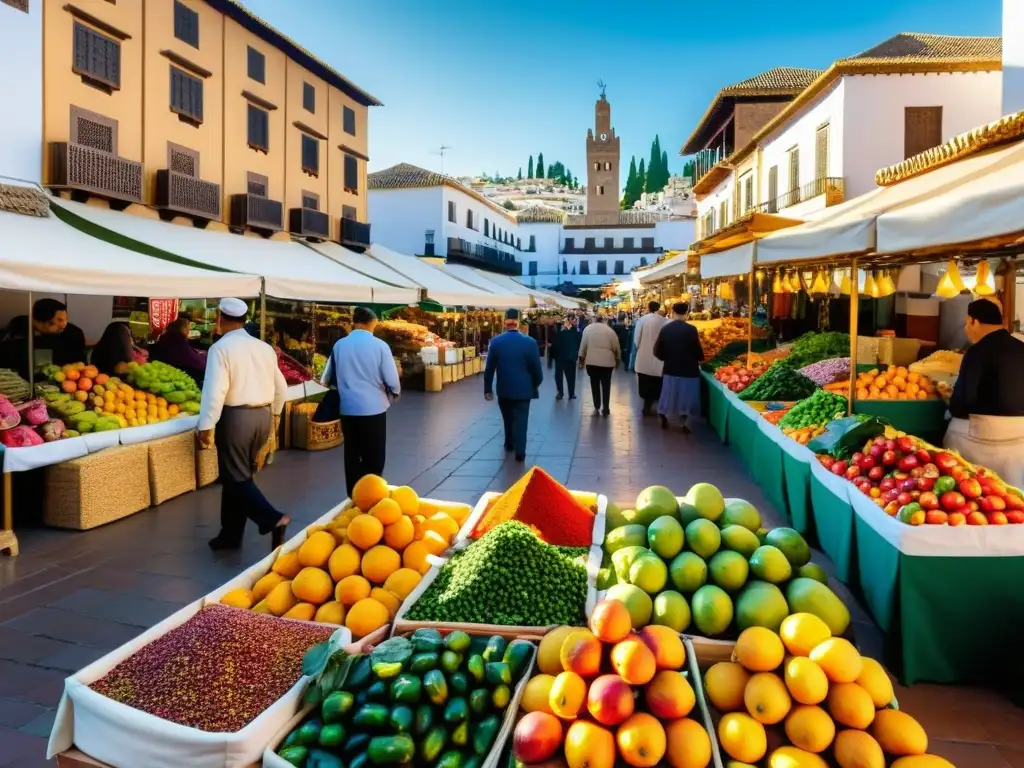 Un mercado vibrante en Granada, Andalucía, llena de vida y color con puestos de frutas, verduras y especias