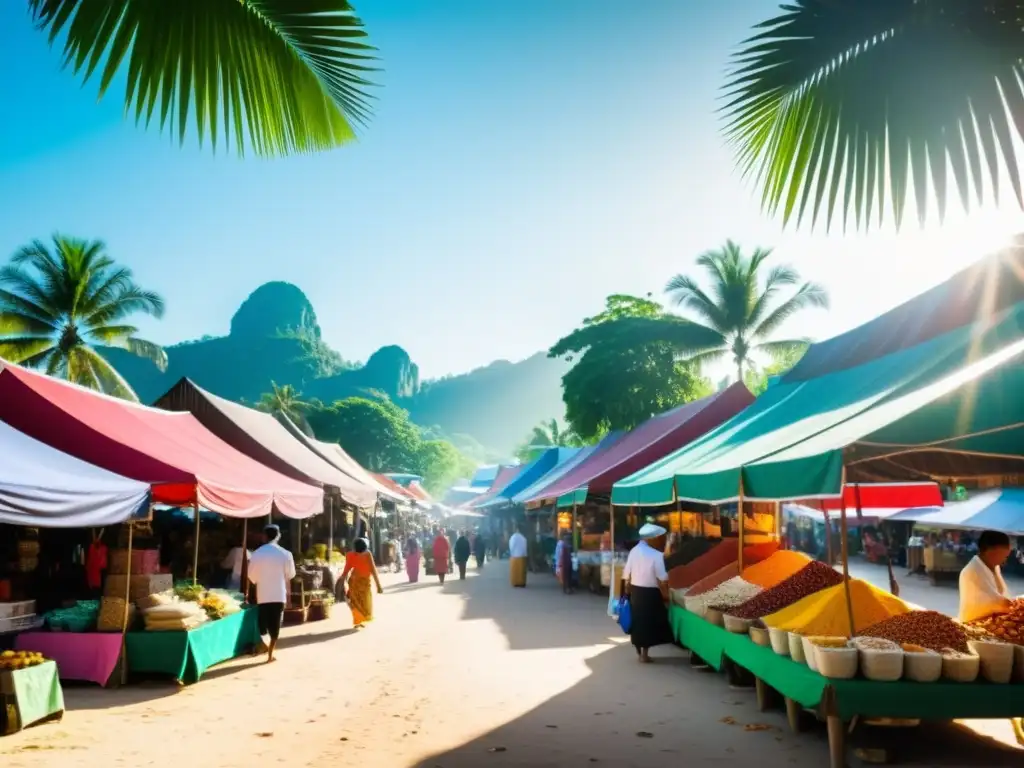 Mercado vibrante en Tailandia con minorías musulmanas, cultura islámica, colores y aromas exóticos bajo palmeras