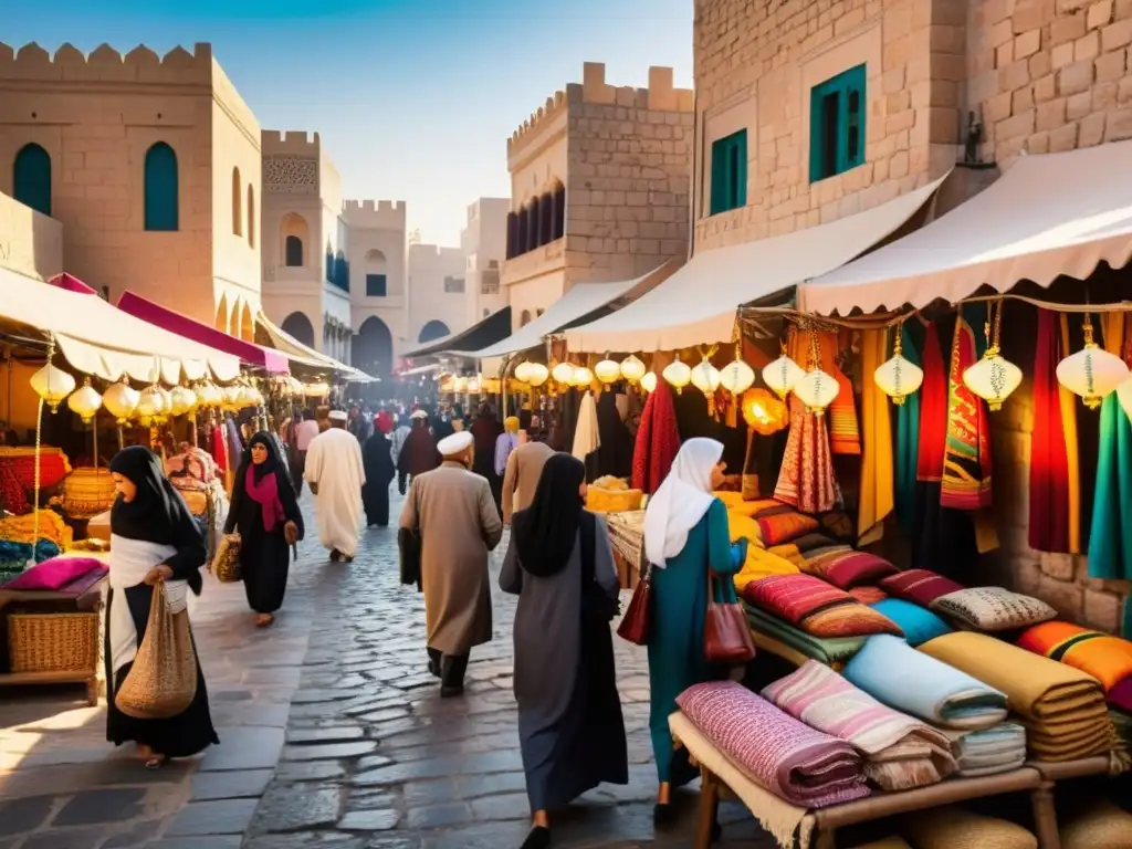Mercado árabe vibrante con papel poesía modernista árabe, colores, gente y arquitectura tradicional y moderna en la atmósfera cultural
