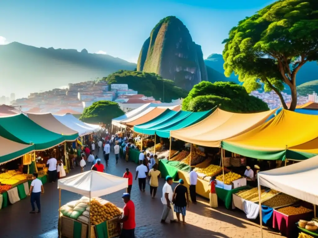 Un mercado vibrante en Brasil con puestos de colores y una fusión cultural islámica en Brasil