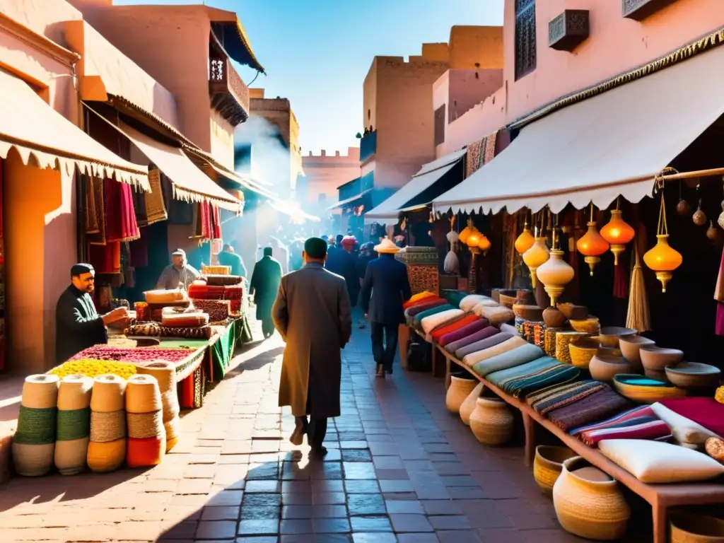 Mercado vibrante en Marrakech, Marruecos, con textiles coloridos, especias exóticas y la sabiduría popular mundial de los Adagios árabes