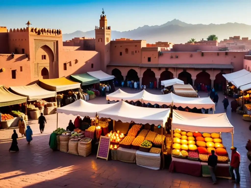 Mercado vibrante en Marrakech, Marruecos, con textiles coloridos, especias y cerámica tradicional