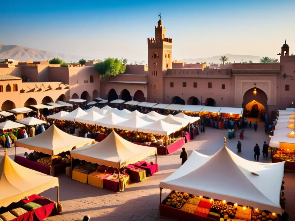 Un mercado vibrante en Marrakech, Marruecos, con textiles coloridos colgando de puestos al sol, música islámica y energía cultural