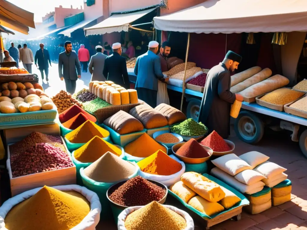 Un mercado vibrante en Marrakech, Marruecos, con vendedores de especias coloridas, pan recién horneado y una variedad de alimentos halal