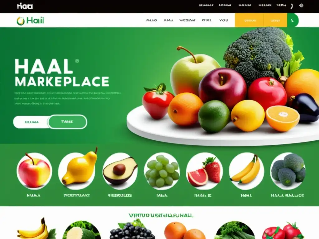 Mercado virtual de alimentos Halal con productos frescos y coloridos, navegación fácil y verificación de procedencia