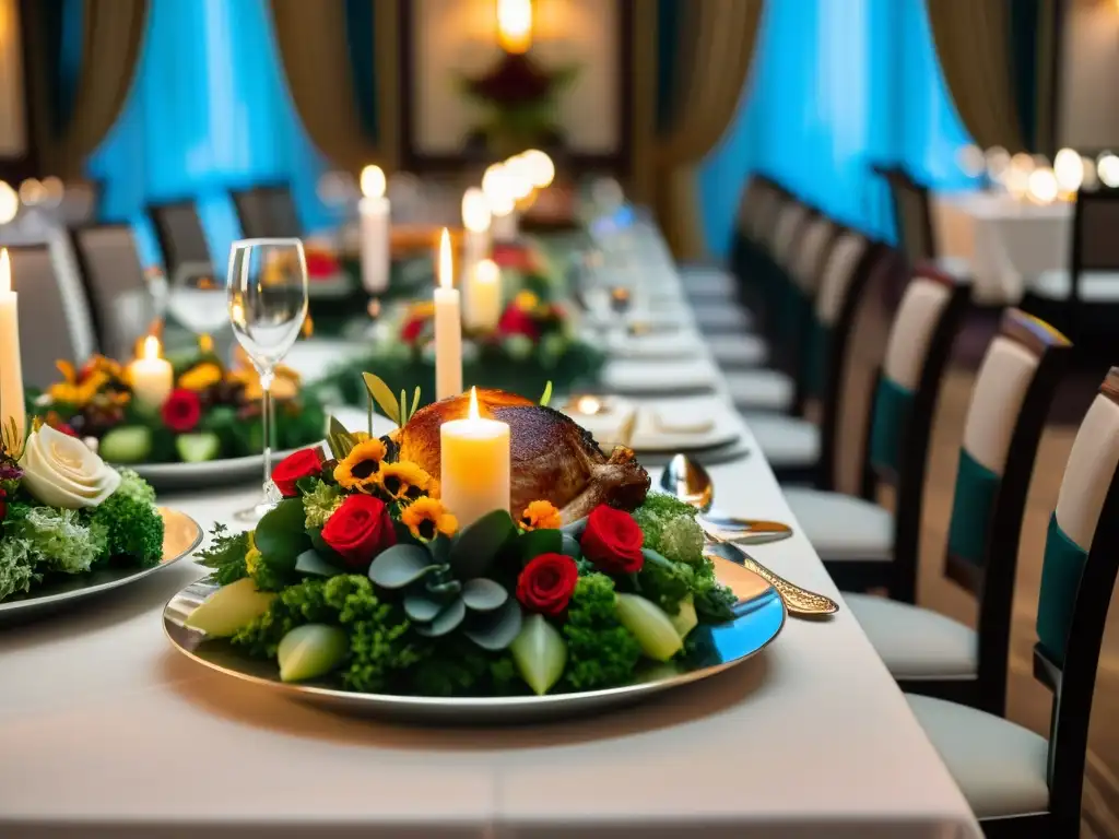 Una mesa de banquete elegantemente decorada con cubiertos de plata, copas de cristal y exquisitos platos Halal