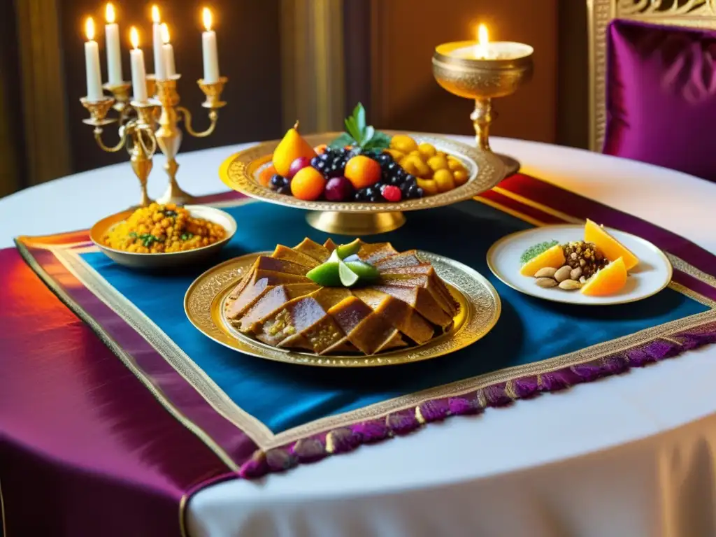 Una mesa de banquete lujosamente decorada con platos imperiales, comida exquisita y un ambiente opulento en la época Califal del islam