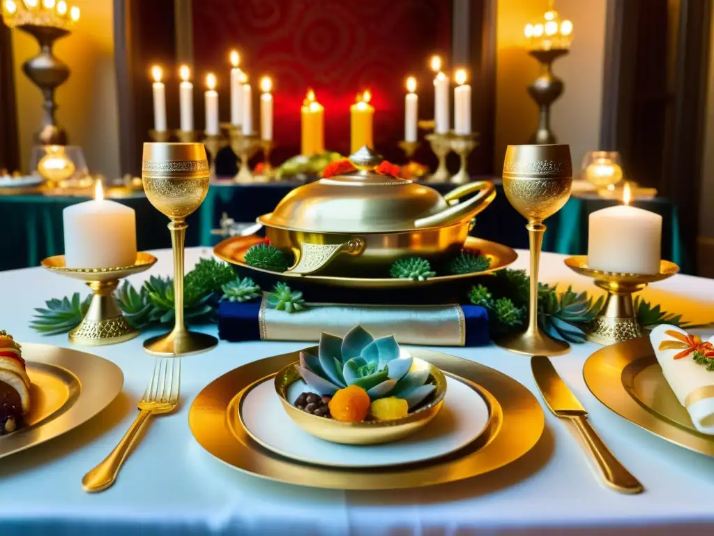 Una mesa de banquete lujosa con platos y cubiertos dorados, rodeada de tapices opulentos y cojines de seda coloridos