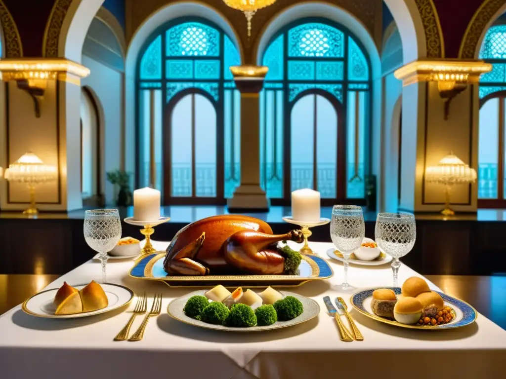 Una mesa de banquete imperial con platos de oro y cristal, rodeada de opulentos manjares en un palacio califal iluminado por velas