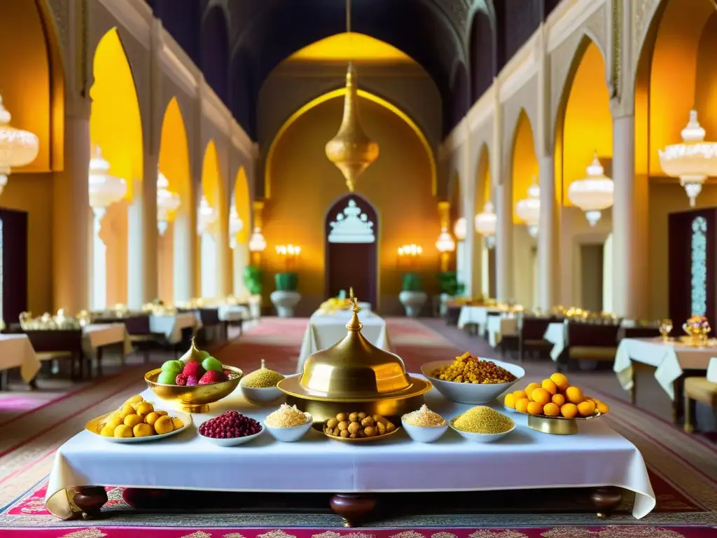 Una mesa imperial de la cocina de los califas del Islam llena de opulencia, lujo y sofisticación, con platos dorados y decoración exquisita