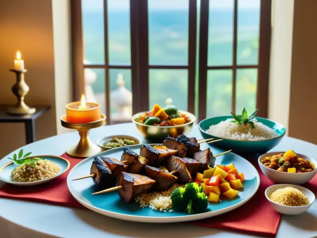 Una mesa de comedor bellamente decorada con platos tradicionales halal, reflejando las ricas tradiciones culinarias de la cocina halal