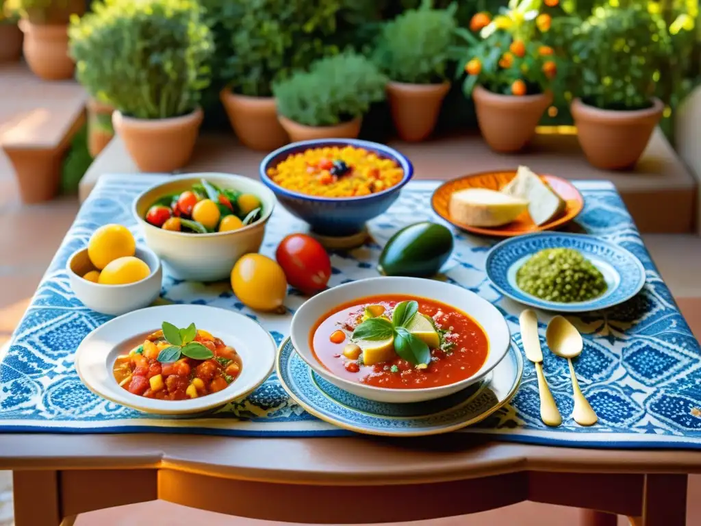 Una mesa de comida andaluza con paella, gazpacho y tapas en un entorno vibrante con azulejos y exuberante vegetación