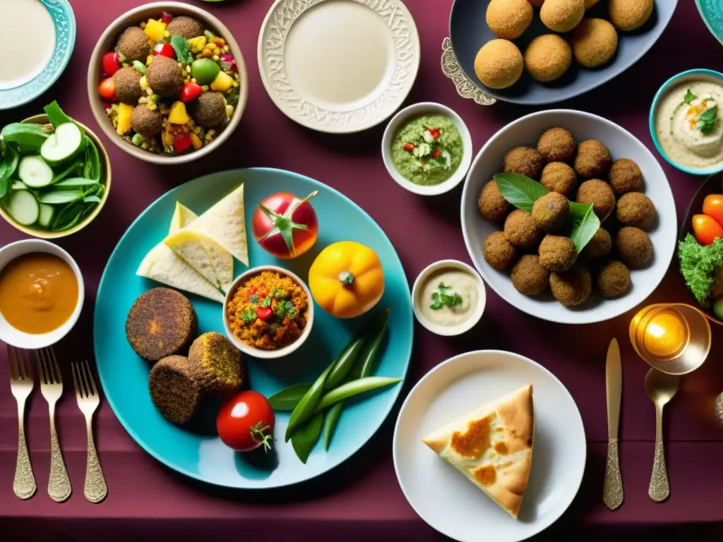 Una mesa bellamente decorada con una comida tradicional islámica, resaltando la riqueza gastronómica y los beneficios de la dieta islámica