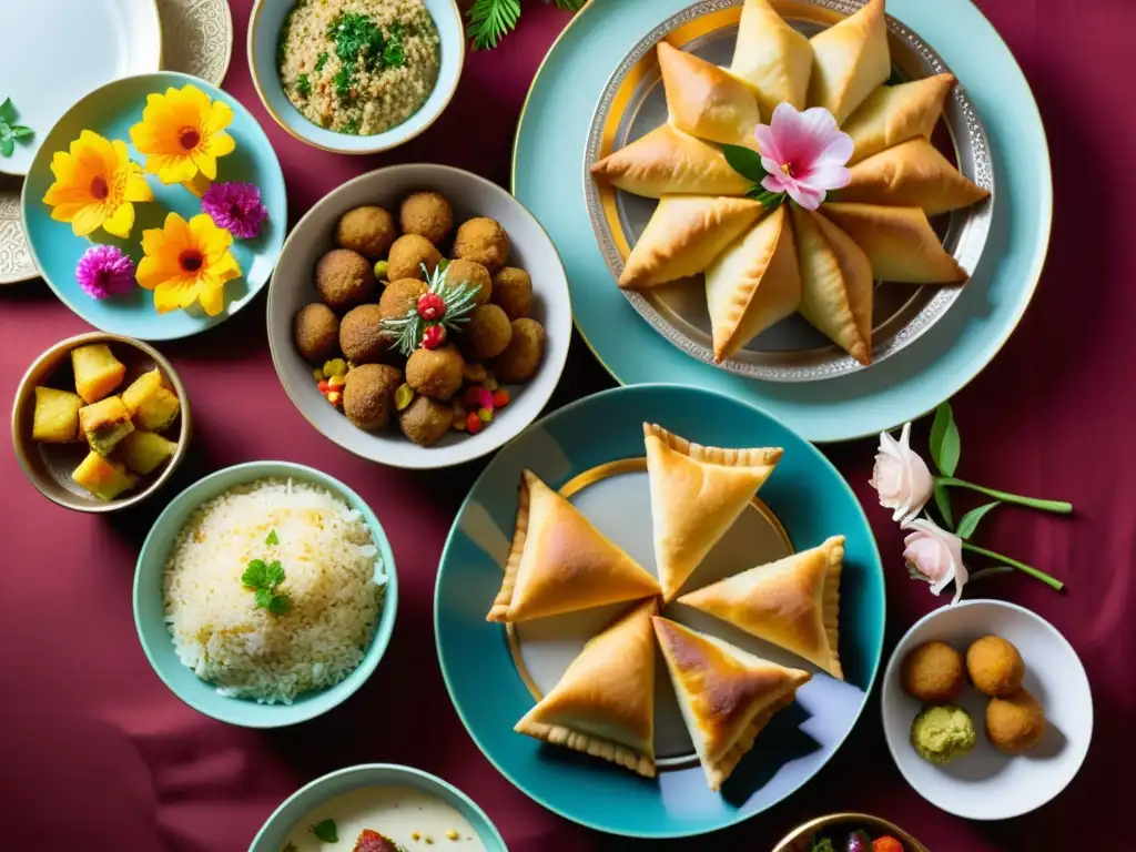 Una mesa decorada con delicias tradicionales Eid al-Fitr, rodeada de flores vibrantes y elementos decorativos