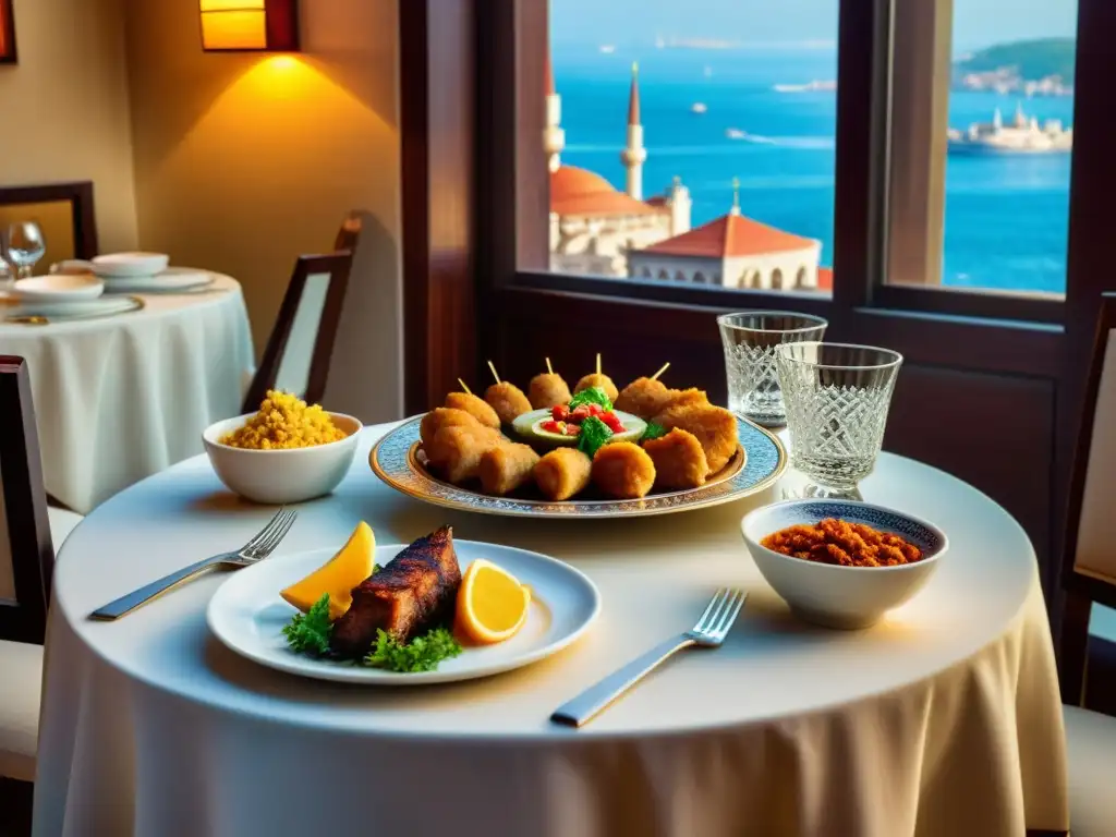 Una mesa bellamente decorada en uno de los mejores restaurantes Halal en Estambul, con comida tradicional turca y cerámica elegante