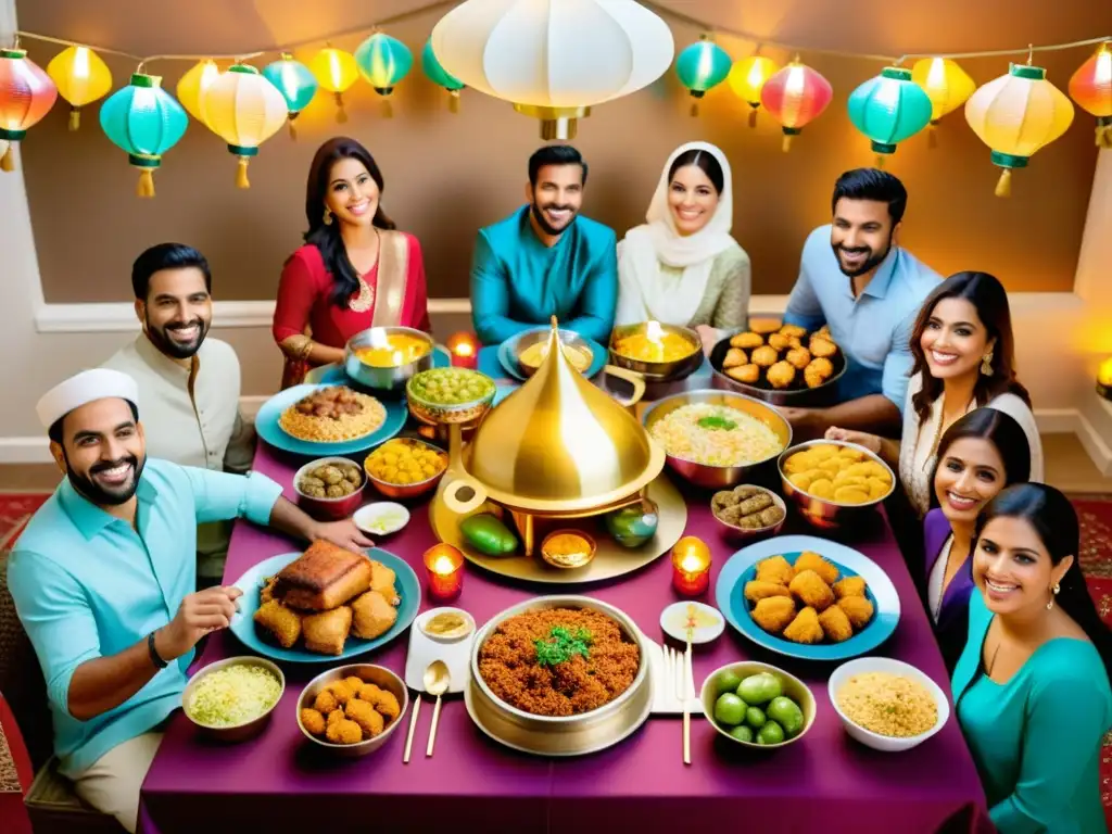 Una mesa bellamente decorada con platos aromáticos y coloridos, familias disfrutando de tradiciones y delicias Eid al-Fitr