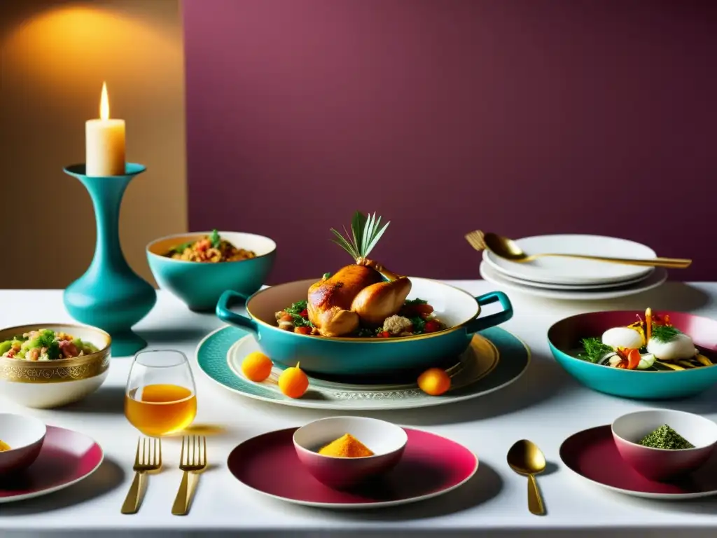 Una mesa bellamente decorada con platos de cocina halal tradicionales, evocando la riqueza cultural y culinaria